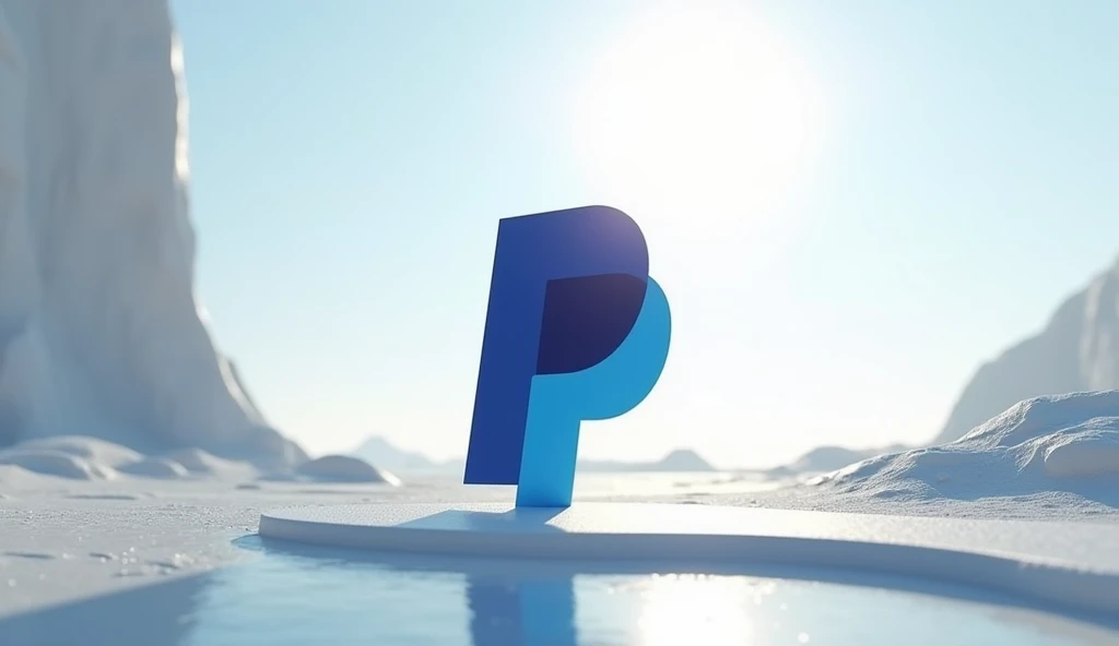 Futuristic PayPal logo in a well-lit landscape, front vision