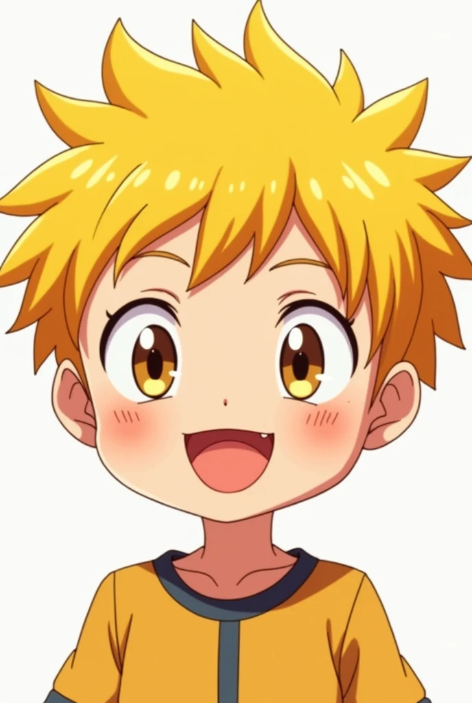 Make me an anime style boy character that has big eyes, big round head, yellow hair, that he is smiling . that he looks straight ahead