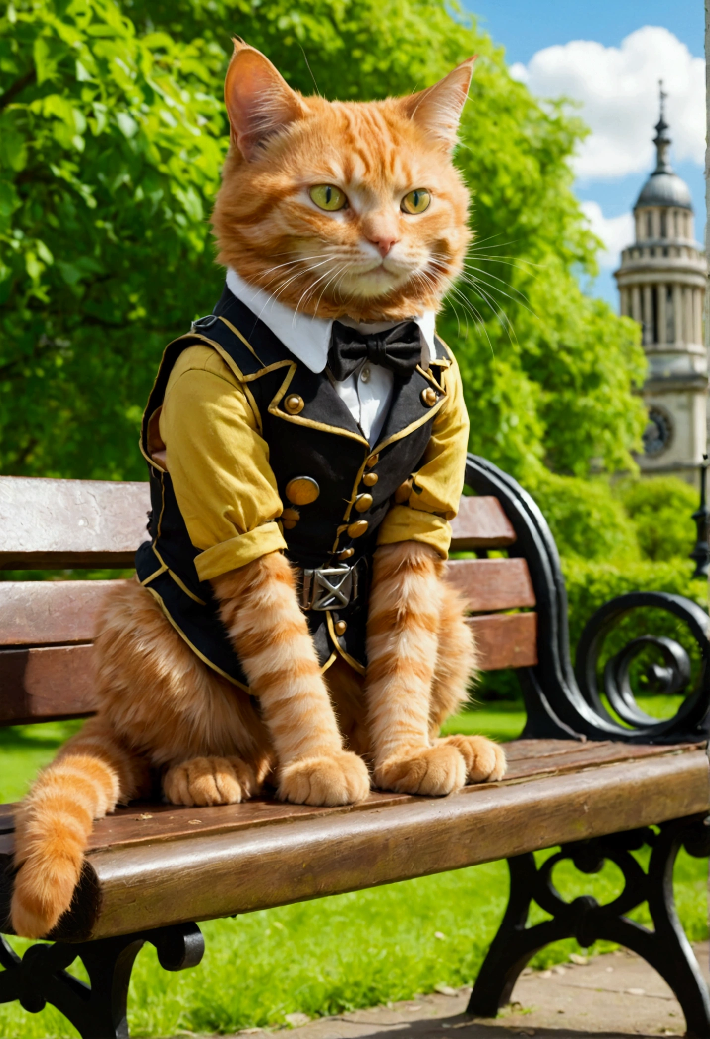 'steampunk ginger cat sitting on a bench in a park'