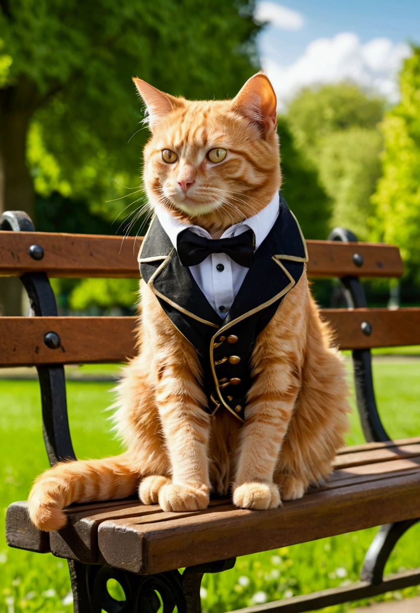 'steampunk ginger cat sitting on a bench in a park'