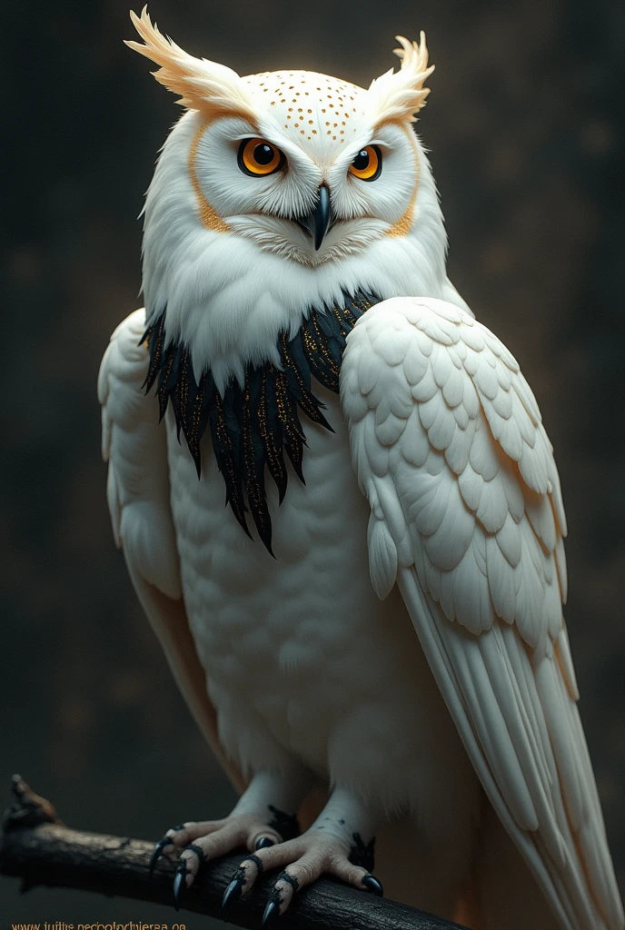 a white owl with black and gold effects giving the image of transcendental, increase the black effect and make the eyes look more serious, outline a black aura over the owl, with tickets to Dourado.
put more black effects on the chest