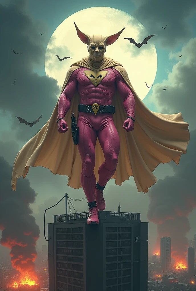 Malaysia man in high-tech suit, vivid effects, malaysian superhero (KELUANG MAN) in a striking pink and brown beige costume cyberpunk design, mask small mini bat ear beige, daredevil beige mask, jumpsuit dark pink stands confidently in a dramatic.jumping from high place.hero costume.one hand rise up. Big triangle logo on the chest.high detail Punisher logo on the chest. Fighting pose , stormy landscape. ((Head covered node guard like batman. Running pose , athletic body type, small mini ear bat mask))The character wears domino mask a helmet with pointed mini torn ears and a flowing cape biege, open nose and mouth. Equipped with visible futuristic weapons on a belt,bullet proof jacket pink dark day.show fingers pose, dark night, big supermoon effect . Small logo on chest triangle shape small punisher logo center triangle cyber logo center on chest pink logo mini logo . rocky. Building top.smoke ground , bomb effect background, losse pants, losses costume.adding to --ar 3:4 --style raw --stylize 500 --v 6.1. chaos. Lot of small flying bat. One leg on the high stone. Man. Backpack . Real man age 40 year old. One hand holding belt.one hand holding black rope hanging on building