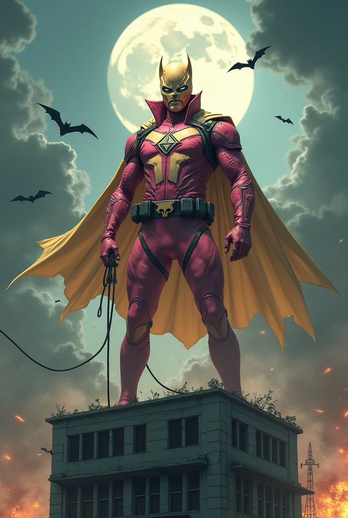 Malaysia man in high-tech suit, vivid effects, malaysian superhero (KELUANG MAN) in a striking pink and brown beige costume cyberpunk design, mask small mini bat ear beige, daredevil beige mask, jumpsuit dark pink stands confidently in a dramatic.jumping from high place.hero costume.one hand rise up. Big triangle logo on the chest.high detail Punisher logo on the chest. Fighting pose , stormy landscape. ((Head covered node guard like batman. Running pose , athletic body type, small mini ear bat mask))The character wears domino mask a helmet with pointed mini torn ears and a flowing cape biege, open nose and mouth. Equipped with visible futuristic weapons on a belt,bullet proof jacket pink dark day.show fingers pose, dark night, big supermoon effect . Small logo on chest triangle shape small punisher logo center triangle cyber logo center on chest pink logo mini logo . rocky. Building top.smoke ground , bomb effect background, losse pants, losses costume.adding to --ar 3:4 --style raw --stylize 500 --v 6.1. chaos. Lot of small flying bat. One leg on the high stone. Man. Backpack . Real man age 40 year old. One hand holding belt.one hand holding black rope hanging on building
