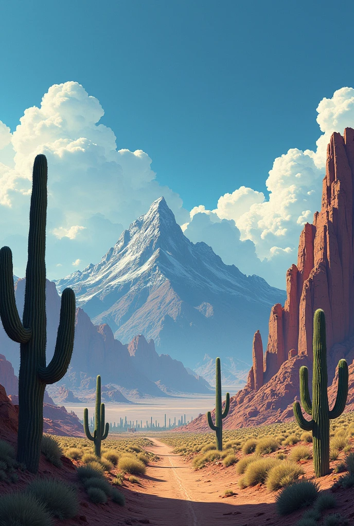 Western image of the desert with cactus and big mountains. the sky must be blue with clouds