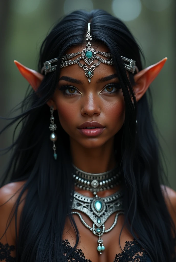 elf  woman, exuberante, with long, straight black hair, dark-skinned, small ears, silver jewelry and dark eyes