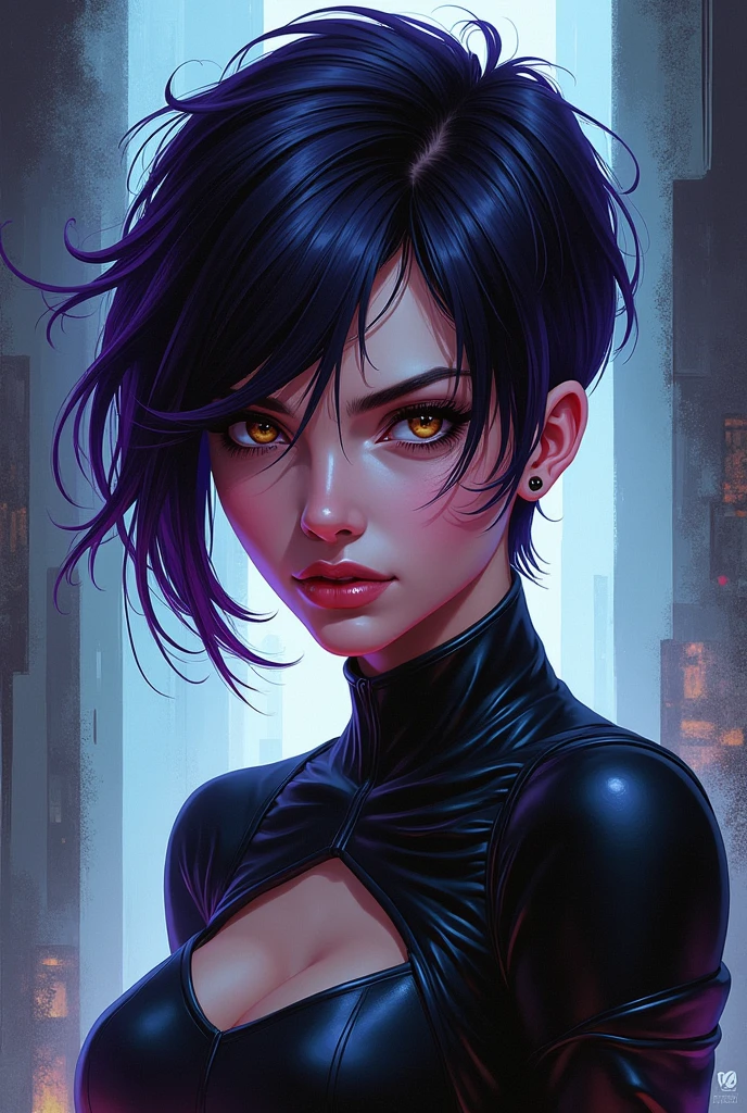 DC comic panel, women, black hair with pixie cut and purple highlights, light brown eyes and pale skin.