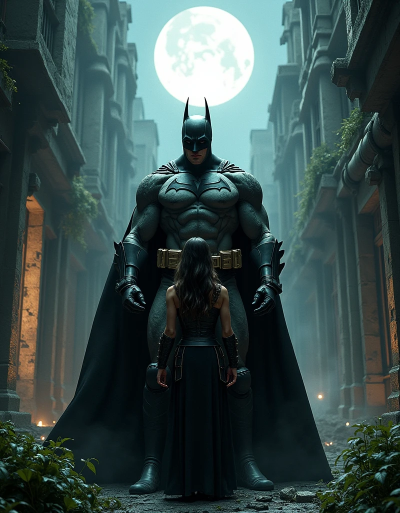 Batman from the dark knight stands imposing in a gothic lost city. Moonlight highlights your muscles and scars. The scenery is lush and mysterious, with futuristic tech and surroundings. The camera details everything, a warrior woman, in front of him.