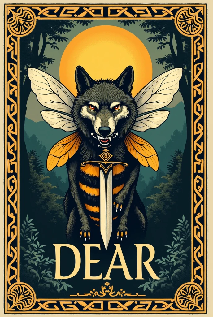 a logo with wolf-bee features in Anglo-Saxon, dear,. and sword