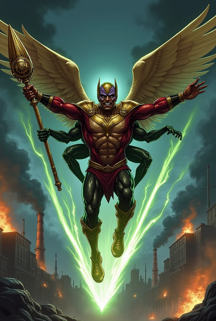 I want an illustration of Hawkman, the dark-skinned African-American falcon man Aldis Hodge with his helmet with small wings, golden torso, on his back he has his golden falcon wings and his golden boots and red pants and his mace with a golden spiked ball flying through the sky to come face to face with a soldier parallel to Darkseid with a shiny dark green suit and hood, round goggles and lilac skin on his face and lilac hands and fangs, with a laser beam in his hand and on his back he has six cicada wings that fly through the sky where there are black clouds and black chimneys that throw fire