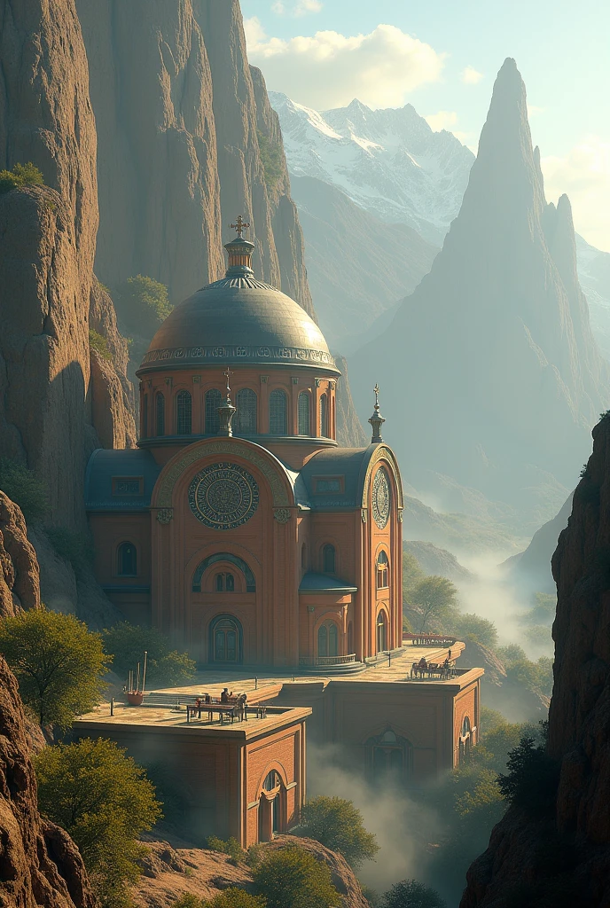 there is a large Ethiopian Orthodox Church building with hemispherical Dom that is built into the side of a mountain, intricate matte painting, matte painting of human mind, digital matte painting, ancient yet futuristic, elaborate matte painting, hyperdetailed 3d matte painting, hyperdetailed 3 d matte painting, extravagant matte painting, epic matte painting, epic cinematic matte painting, matte painting concept art, giant tomb structures,smoke, tree.