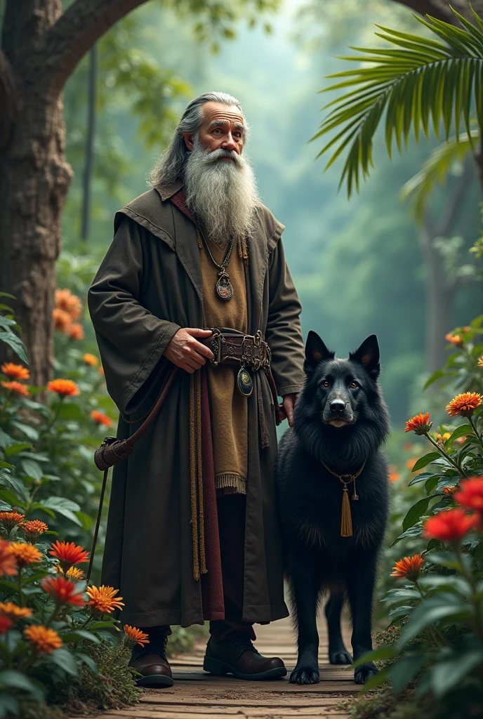 One with a black dog with a beard in a tropical garden 