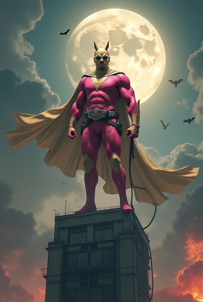 Malaysia man in high-tech suit, vivid effects, malaysian superhero (KELUANG MAN) in a striking pink and brown beige costume cyberpunk design, mask small mini bat ear beige, daredevil beige mask, jumpsuit dark pink stands confidently in a dramatic.jumping from high place.hero costume.one hand rise up. Big triangle logo on the chest.high detail Punisher logo on the chest. Fighting pose , stormy landscape. ((Head covered node guard like batman. Running pose , athletic body type, small mini ear bat mask))The character wears domino mask a helmet with pointed mini torn ears and a flowing cape biege, open nose and mouth. Equipped with visible futuristic weapons on a belt,bullet proof jacket pink dark day.show fingers pose, dark night, big supermoon effect . Small logo on chest triangle shape small punisher logo center triangle cyber logo center on chest pink logo mini logo . rocky. Building top.smoke ground , bomb effect background, losse pants, losses costume.adding to --ar 3:4 --style raw --stylize 500 --v 6.1. chaos. Lot of small flying bat. One leg on the high stone. Man. Backpack . Real man age 40 year old. One hand holding belt.one hand holding black rope hanging on building