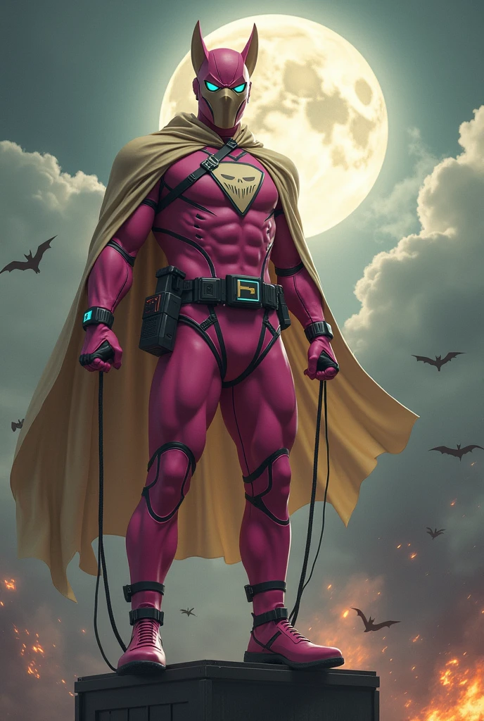 Malaysia man in high-tech suit, vivid effects, malaysian superhero (KELUANG MAN) in a striking pink and brown beige costume cyberpunk design, mask small mini bat ear beige, daredevil beige mask, jumpsuit dark pink stands confidently in a dramatic.jumping from high place.hero costume.one hand rise up. Big triangle logo on the chest.high detail Punisher logo on the chest. Fighting pose , stormy landscape. ((Head covered node guard like batman. Running pose , athletic body type, small mini ear bat mask))The character wears domino mask a helmet with pointed mini torn ears and a flowing cape biege, open nose and mouth. Equipped with visible futuristic weapons on a belt,bullet proof jacket pink dark day.show fingers pose, dark night, big supermoon effect . Small logo on chest triangle shape small punisher logo center triangle cyber logo center on chest pink logo mini logo . rocky. Building top.smoke ground , bomb effect background, losse pants, losses costume.adding to --ar 3:4 --style raw --stylize 500 --v 6.1. chaos. Lot of small flying bat. One leg on the high stone. Man. Backpack . Real man age 40 year old. One hand holding belt.one hand holding black rope hanging on building
