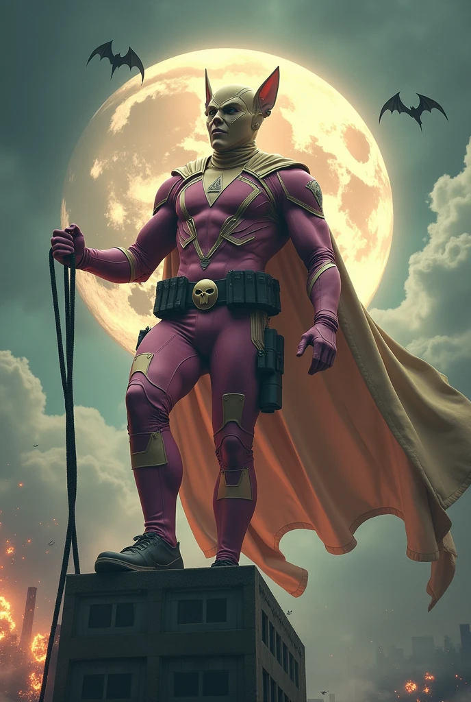 Malaysia man in high-tech suit, vivid effects, malaysian superhero (KELUANG MAN) in a striking pink and brown beige costume cyberpunk design, mask small mini bat ear beige, daredevil beige mask, jumpsuit dark pink stands confidently in a dramatic.jumping from high place.hero costume.one hand rise up. Big triangle logo on the chest.high detail Punisher logo on the chest. Fighting pose , stormy landscape. ((Head covered node guard like batman. Running pose , athletic body type, small mini ear bat mask))The character wears domino mask a helmet with pointed mini torn ears and a flowing cape biege, open nose and mouth. Equipped with visible futuristic weapons on a belt,bullet proof jacket pink dark day.show fingers pose, dark night, big supermoon effect . Small logo on chest triangle shape small punisher logo center triangle cyber logo center on chest pink logo mini logo . rocky. Building top.smoke ground , bomb effect background, losse pants, losses costume.adding to --ar 3:4 --style raw --stylize 500 --v 6.1. chaos. Lot of small flying bat. One leg on the high stone. Man. Backpack . Real man age 40 year old. One hand holding belt.one hand holding black rope hanging on building