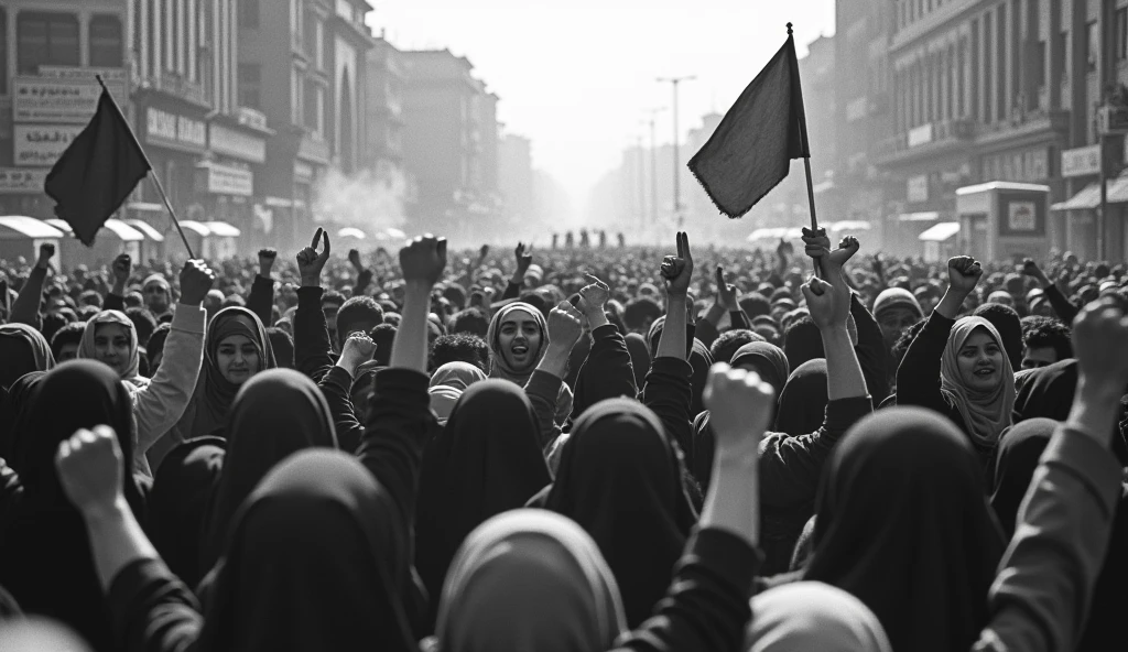 Prompt 1: An old photograph capturing a massive protest in the streets of Tehran in 1978. Thousands of Iranian people, men and women, fill the streets, raising fists and banners against the Shah's regime. The women are wearing hijabs, their expressions fierce and determined. The scene is chaotic, with police in riot gear attempting to control the crowd, and tear gas smoke lingering in the air. The image is slightly grainy, reflecting the quality of the cameras used at the time, adding to the historical authenticity , back camera angel , people are gathered at Azadi square  in old tehran