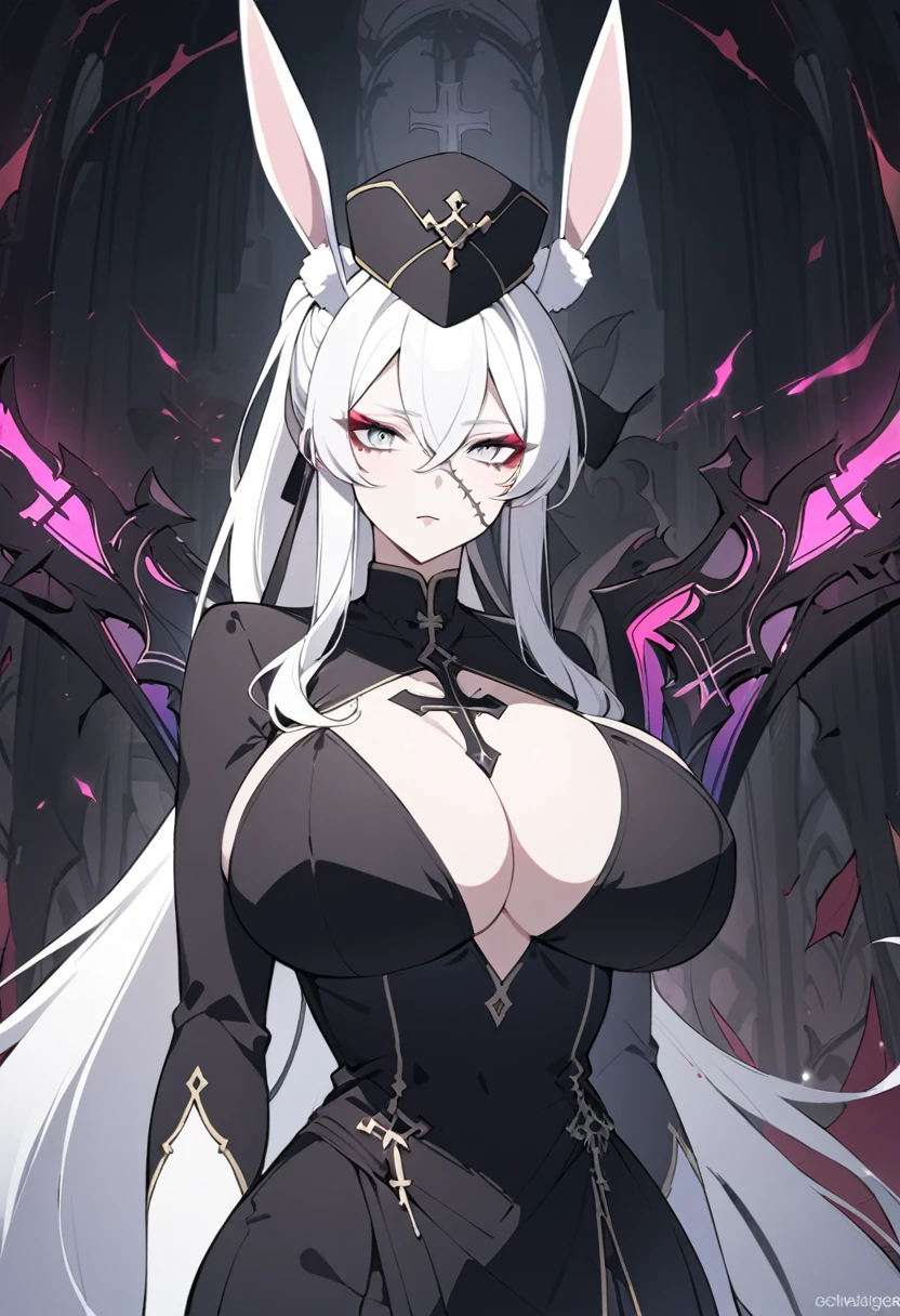 white Long Elegant Ponytail, black evade dress, White Bunny Ears, Caption General Cross Cap, white eyes makeup, Dual Dark evil sword, Neck Stitches, Tall, Bigger Chest, Thick Torso (beautiful detailed girl)