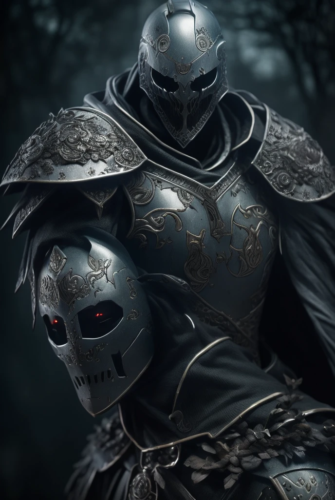 Ghost Knight in Minutes Resolution, picture-perfect, detailed, black forest, mounted on a dark calavo