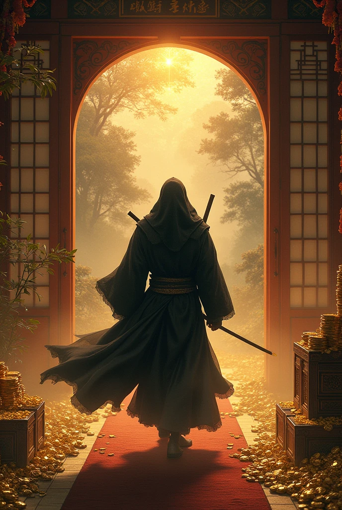 A ninja with magical powers in a Japanese house full of money
