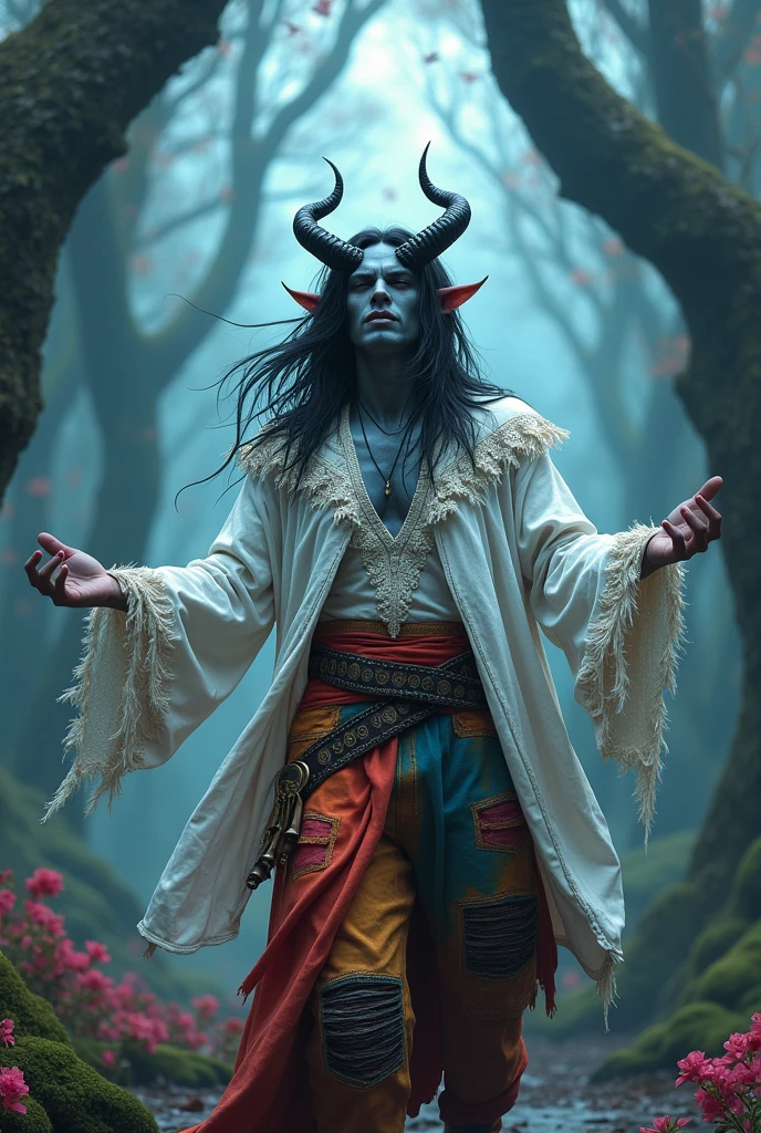 (vibrant male character) young tiefling bard in his 20s with the dark gray skin, long black hair, dark eyes, two prominent horns, one cracked, wearing a white shirt with a big collar, bell sleeves and lots of lace, vibrant ripped pants with patches and rhomb pattern, playing a lyre, (dramatic lighting) cold hues casting shadows, (richly textured background) forest with lots of birds