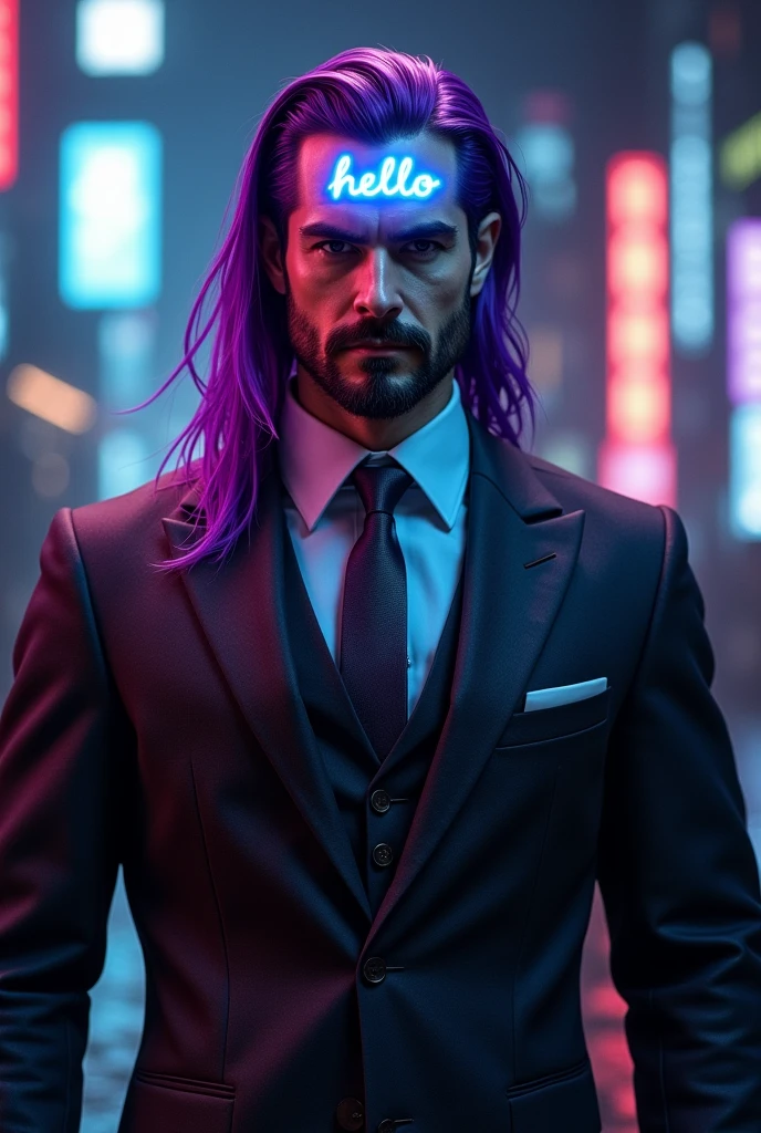 Superman in a suit and black cyberpunk outfit, he has a hello on his head, beard and long straight purple hair
