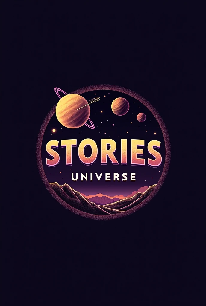 Create logo of Stories Universe, that has world and the stories universe is written on it , STORIES UNIVERSE written on galaxy and planet in slide way, make it simple in brown and purple neon color , in that picture add stories universe in capital letter as logo, make it more classy funky , 80s style and less colourful , write stories universe in all capital letter, make it more variation in circular form , stories universe 