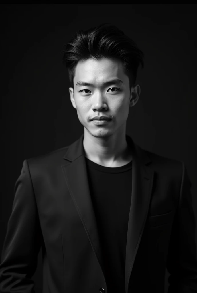 A professional black-and-white portrait of a perfect handsome asian man 30 yo, dark hair. wearing modern stylish fashion with blazer. The background is solid black, highlighting her features and creating a sleek, modern look. The lighting is soft and evenly distributed, emphasizing confident and approachable expression.