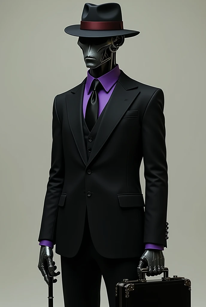 A humanoid creature with deep-set eyes that are hidden by a fedora-style hat with a red band., he wears a black suit and a purple dress shirt and a black tie, his features are robotic.
In one hand he holds an ornate cane and in the other a black briefcase., he is around 40 years old, your hands are thin and your nails are unfinished