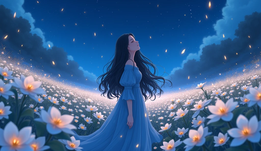 a vast white plumeria fields during the night, a fireflies and a woman wearing a blue dress and a long black wavy hair in the middle of it, close eyes, light smile, looking up, beautiful anime