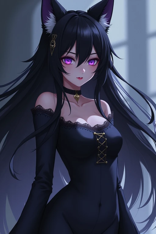 Bblack hair, cloused mouth, purples eyes, hypdertailed, Hair clip, fox ears, hourglass-body 