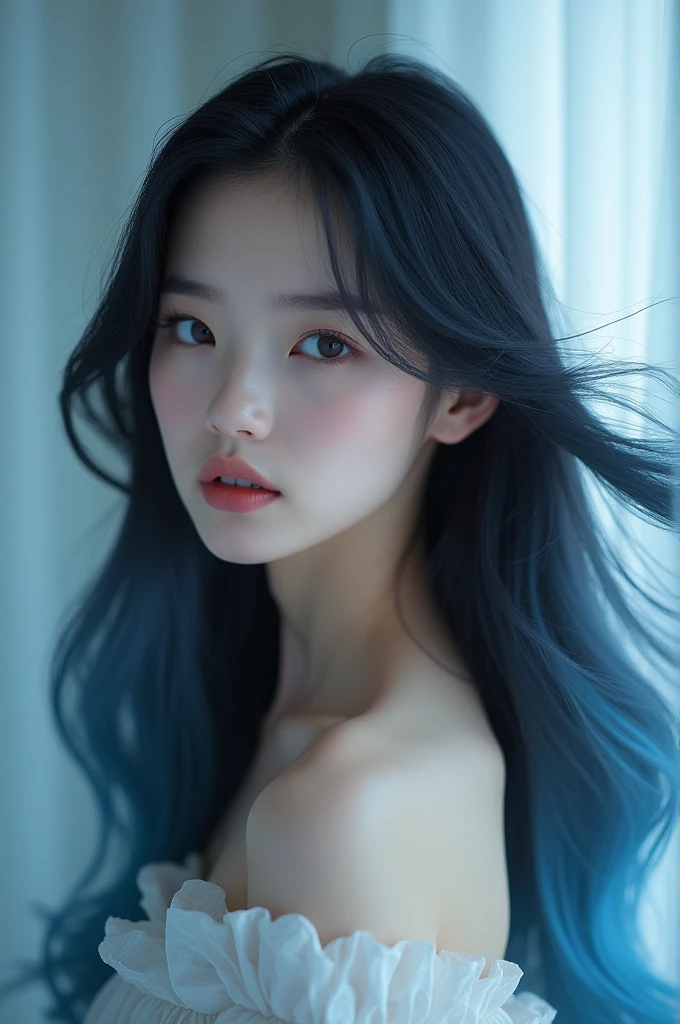 Very beautiful and tender Korean girl with very very very long black hair with light blue tips and who looks just like Jungkook from BTS with natural makeup