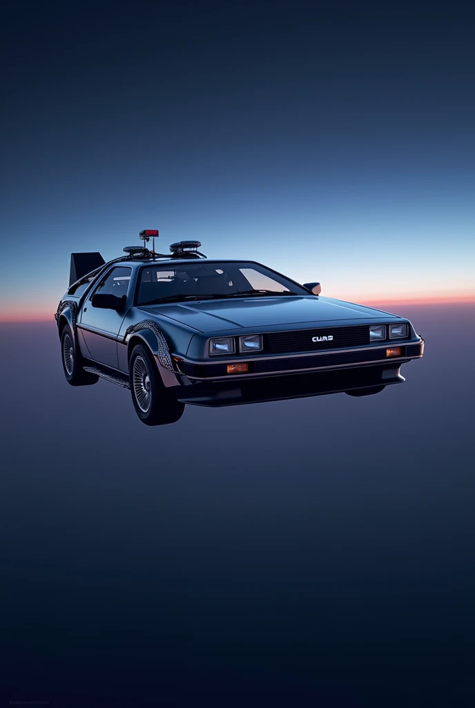 realistic photo of the flying delorean (BACK TO THE FUTURE ) flying in the middle of the night, gradual lighting from light blue to light purple with the doors closed