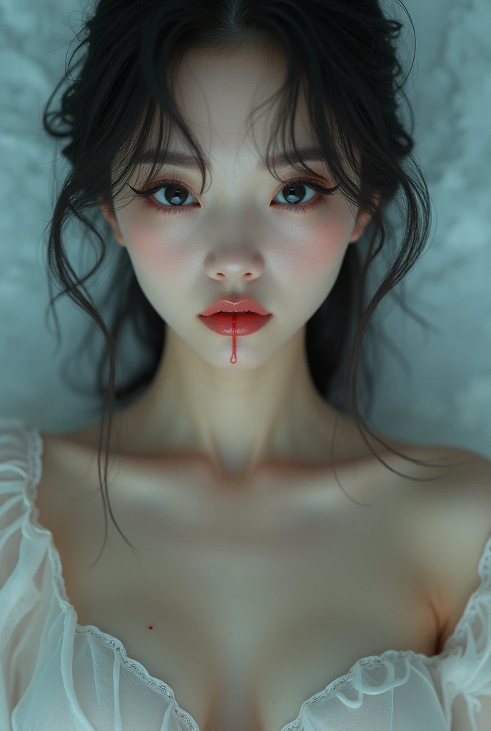 Japan ager, Portrait Photography, Beautiful details, Detailed eyes, Detailed face, Intricate details, Extreme realism, 8k, High resolution, mascara, Winged eyeliner, lipstick, White Dress, Cleavage, , Cloudy , Semen-like liquid、be called、Painted