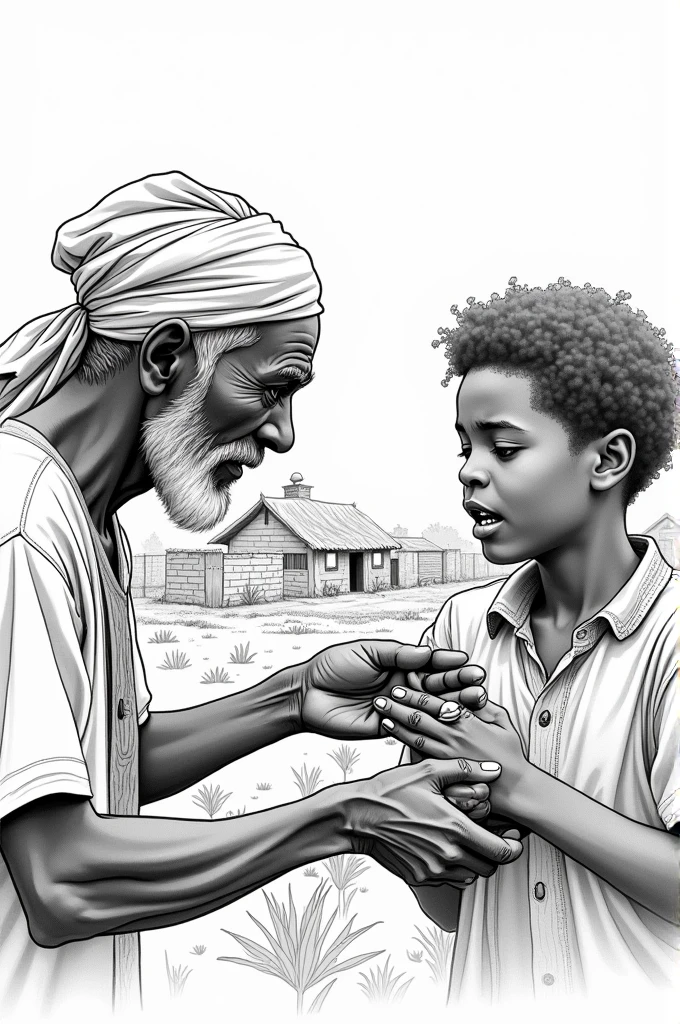 Draw a close up shot very simple black and white hand drawing of a storyboard  of an old man teaching his adult son how to farm in a Nigerian village setting