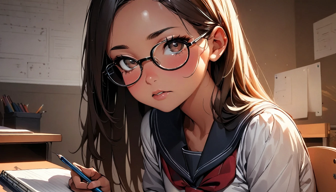 (highest quality:1.2, Very detailed, up to date, Vibrant, Ultra-high resolution, High Contrast, masterpiece:1.2, highest quality, Best aesthetics), Portraiture、girl, 15-years-old, Bright colors、Beautiful fine details、Beautiful lip detail, long hair、brown eyes, ((slim body:1.4)), (small breast:0.7), (dark skin:0.5), glasses, ((school uniform:1)), studyind, sitting at the study desk, notebook and pencil, her room, embarrassed:1, lineart, clean line drawings, look at viewer, sepia color:1.5, solo:1, from front