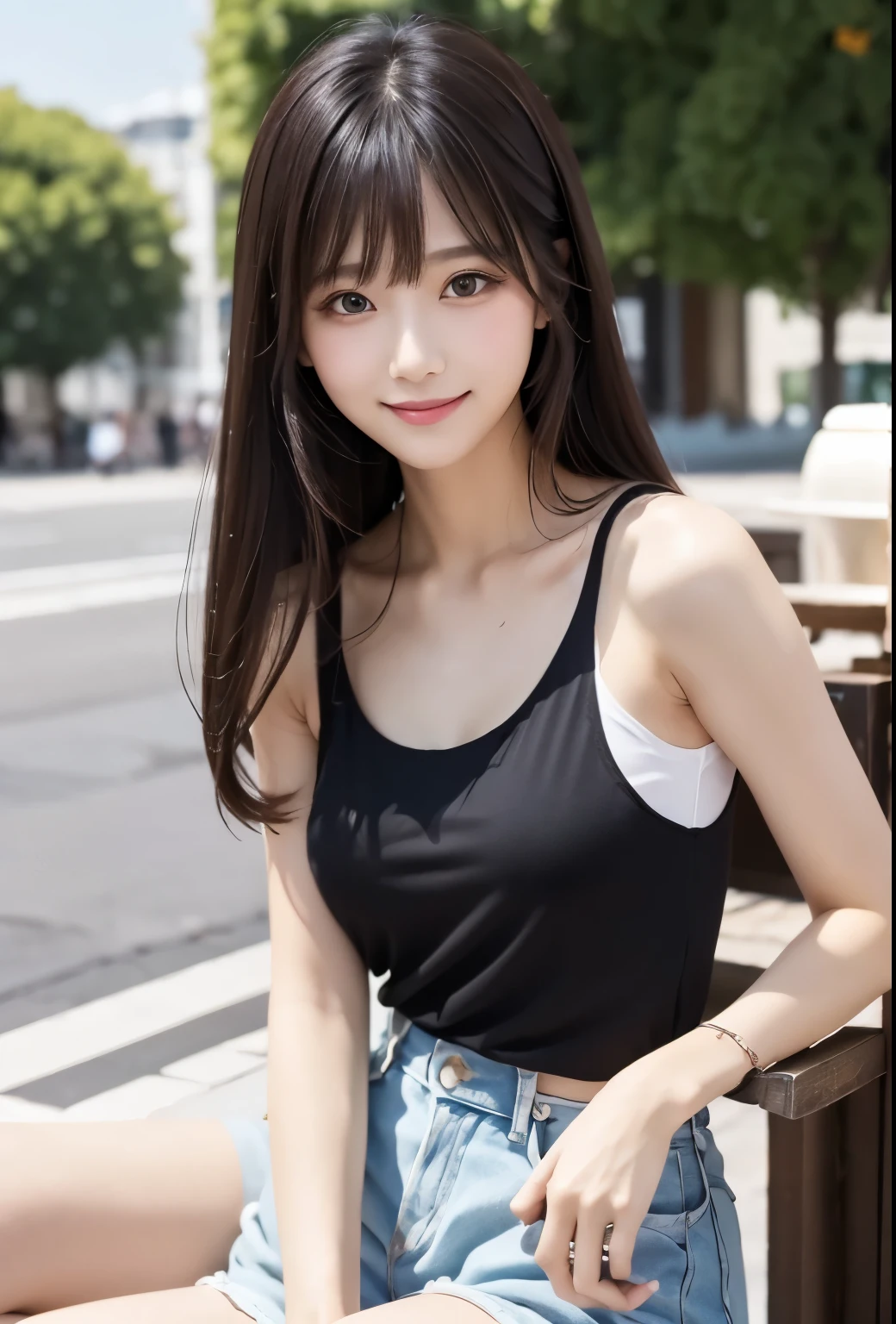 masterpiece、Highest quality、whole body、One Girl、bangs、Japanese、Long Black Hair、Long Hair、smile、alone、morning、terrace、flower、Tank top、Stylish woman、pastel colored outfits、front、Luxury background elements、Confident expression、Modern and trendy、Fashion focus