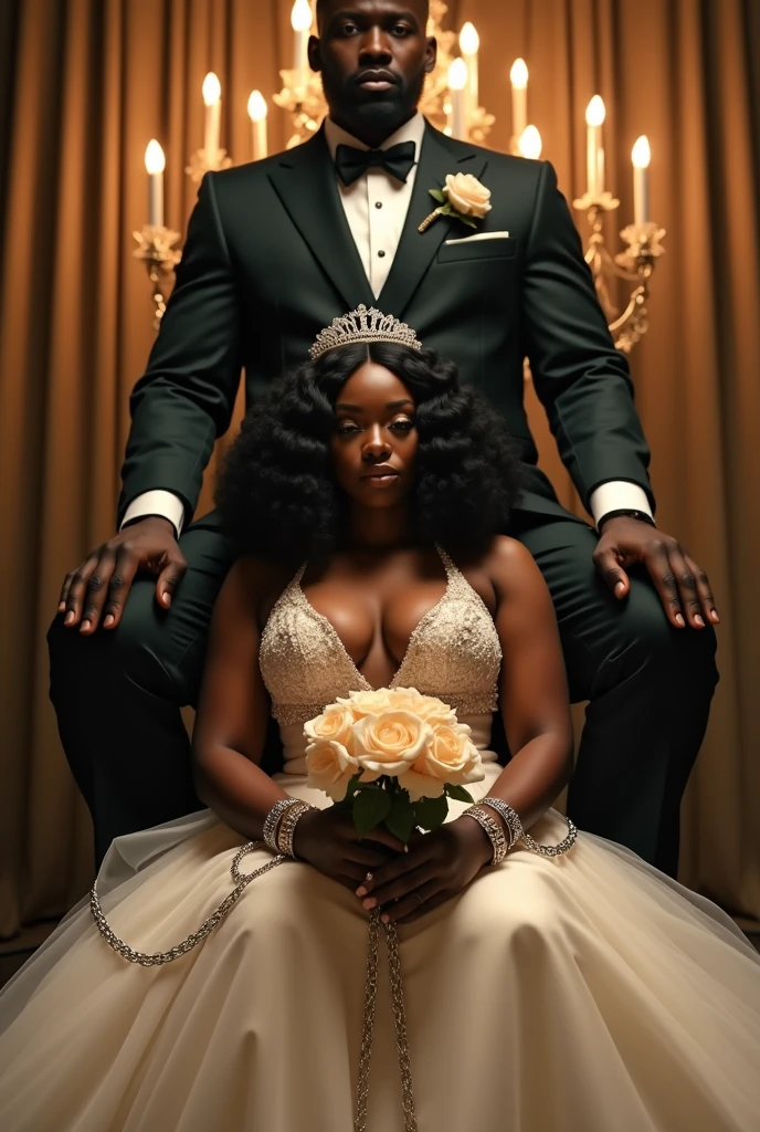 African bride, seated in a luxurious wedding dress, holding a bouquet, her wrists bound with remarquable long chains, exclusively binding her wrists.She appears confident and stunning with a healthy and few plumping figure. Behind her stands a tall, imposing African man in a suit jacket, his presence dominating. His gaze is fixed on her, exuding control and authority. The contrast between her delicate, seated form and the powerful figure behind her creates an intense atmosphere of tension, captivity, and restrained emotion, hyper realistic beautiful photography"