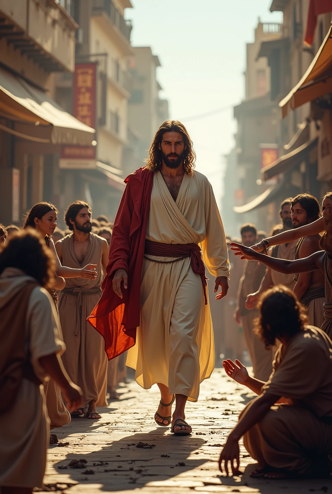 Jesus walks down a very busy street and is harassed by beggars.