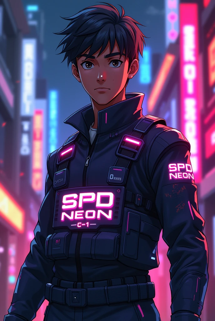 A 1 dark-skinned young man,with a SWAT uniform, only instead of saying SWAT it says SPD-Neon-1 but anime style