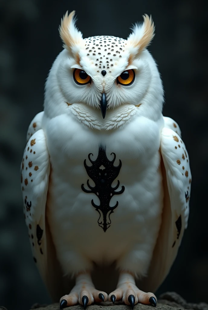 a white owl with black and gold effects giving the image of transcendental, increase the black effect and make the eyes look more serious, outline a black aura over the owl, with tickets to Dourado.
put more black effects on the chest, repeat image placed in front