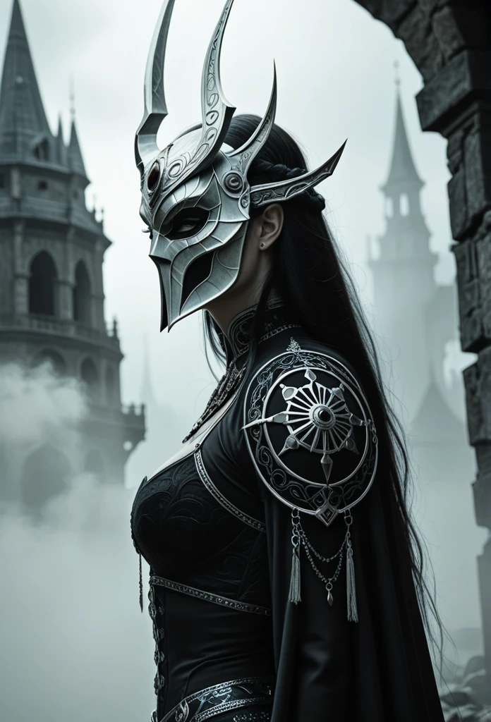 White masK on full head, (black line on centre of the mask), ((the mask closed full face, on mask only one blacl lone, without patterns , without open parts)),  perfect body female, grey pale skin,  (silk clothes , and Iron on shoulders), long hairs, ((Show she hold giant obsidian sword, turn up big sword make by obsidian material)), ((location ruined abandoned fantasy place)), magic place, detailed background, ((derp fog around , fog covered bottom)), detailed art, render smal details, render elements and accessories.