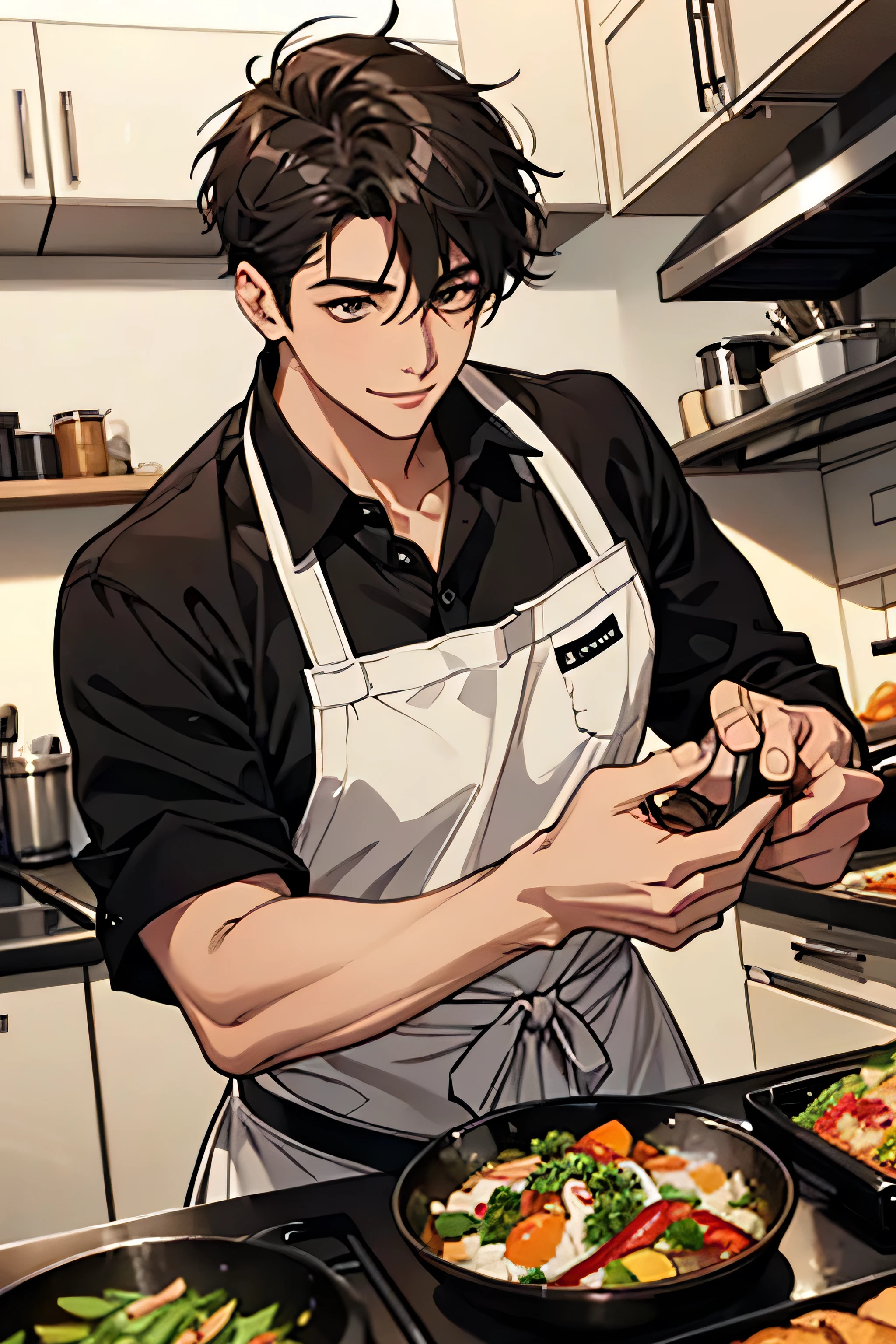 A young man, beautiful, sexy, high, robust that I work like a professional chef, is cooking various types of food Alone, short hair, determined, smile satisfecha, smile, 

Plano americano, anime