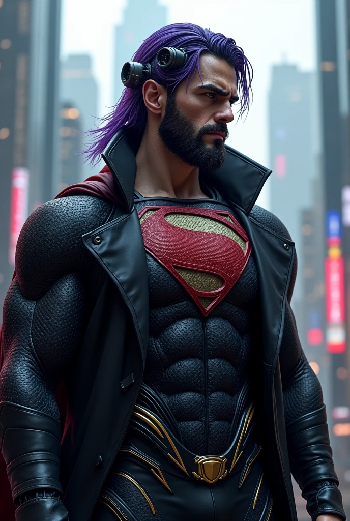 Superman in a double-breasted jacket and black cyberpunk outfit, he has a hello on his head, beard and long straight purple hair