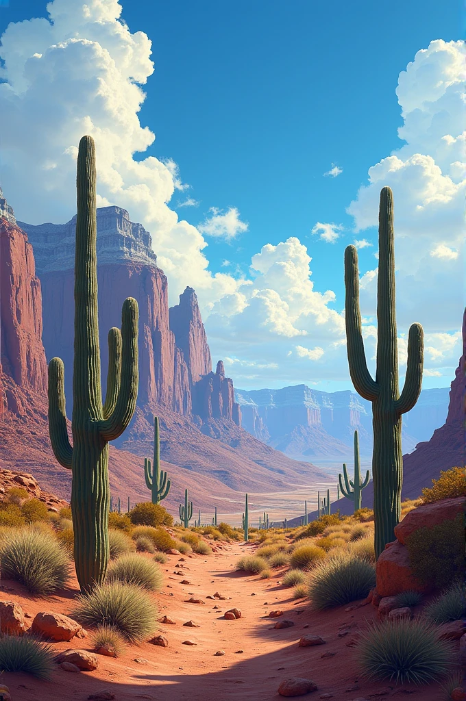 Western image of the desert with cactus and big mountains like grand canyon. the sky must be blue with clouds
