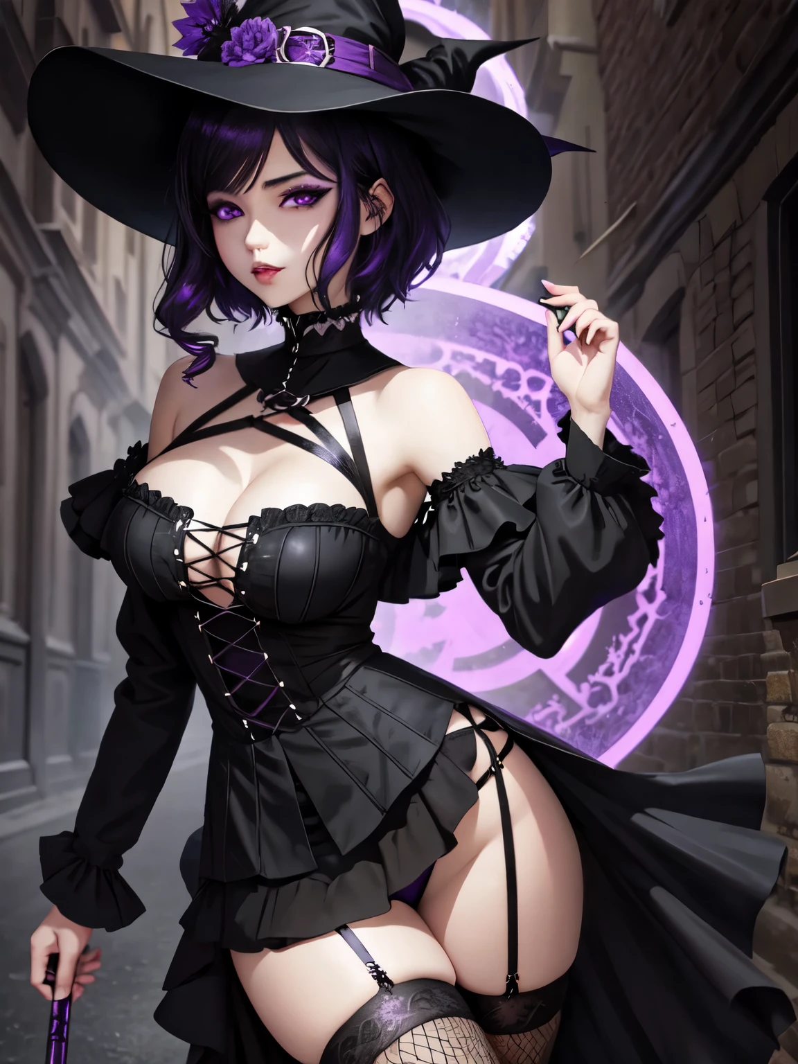 anime manga woman black hair gothic witch shoulder cut, purples eyes, gothic witch outfit, fishnet stockings