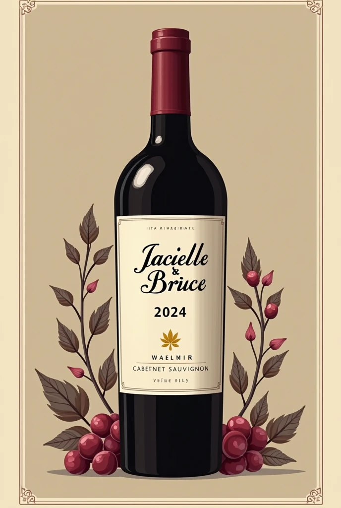 Create a classic and elegant label for Jacielle wine & Bruce 2024 in vector format, suitable for printing. Use traditional and sophisticated typography for the name "Jacielle & Bruce" my name is "2024". The design must reflect the quality and sophistication of Cabernet Sauvignon wine. Use a sober and timeless color palette, like shades of gold, burgundy and cream, to complement the color of the wine.Additional Elements: Include a delicate border or frame and a placeholder for additional winery information or tasting notes., if desired. Make sure your design is created in vector format to ensure quality and accuracy when printed..minimalism, illustration, high resolution, precise, HD Model, high qualiy, super detaill, ultra HD, 