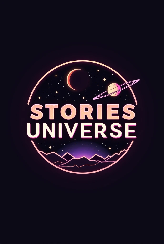 Create logo of Stories Universe, that has world and the stories universe is written on it , STORIES UNIVERSE written on galaxy and planet in slide way, make it simple in brown and purple neon color , in that picture add stories universe in capital letter as logo, make it more classy funky , 80s style and less colourful , write stories universe in all capital letter, make it more variation in circular form , stories universe