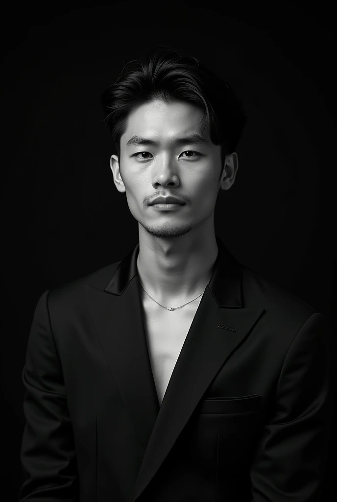 A professional black-and-white portrait of a perfect handsome indonesian man 30 yo, dark hair. wearing modern stylish fashion with blazer. The background is solid black, highlighting her features and creating a sleek, modern look. The lighting is soft and evenly distributed, emphasizing confident and approachable expression.