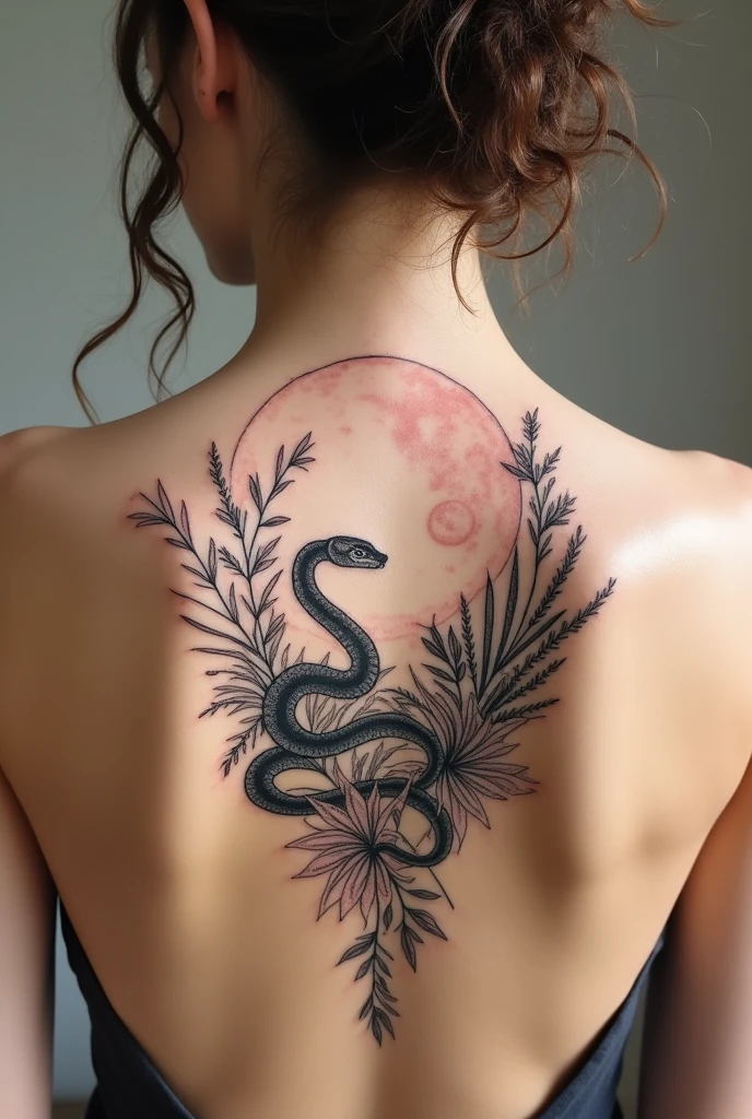 Tattoo for women that contains the full moon, A snake, plants, be delicate and pretty is for the back 