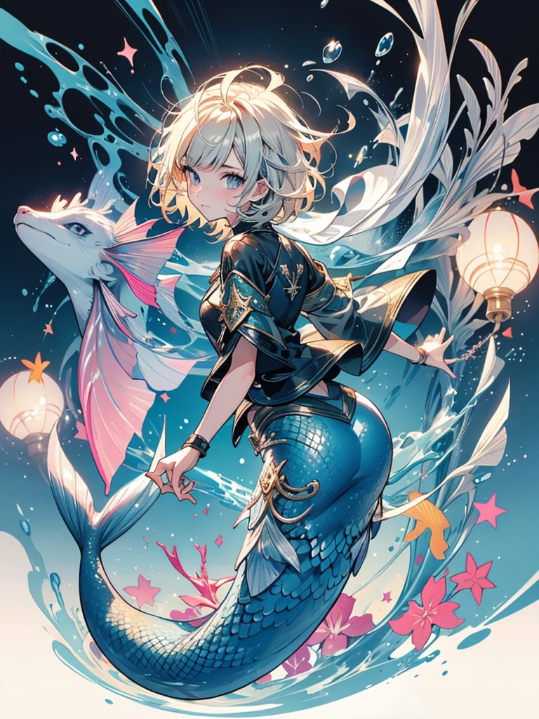 1 Boy, Short hairstyle, blond, silver eyes, Fish scales on hands, Mermaid, high quality