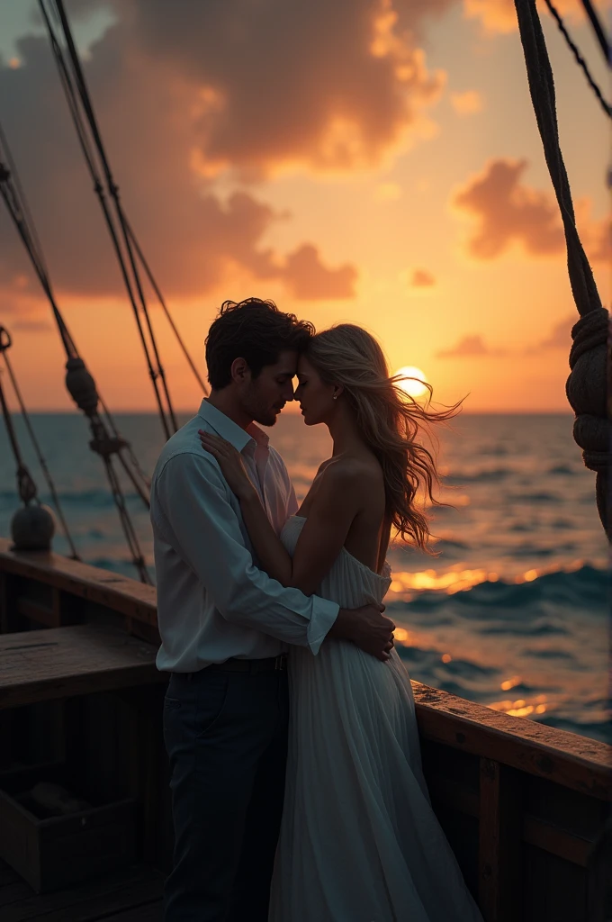 Passionately in love couple on a lost ship, at sea at dusk